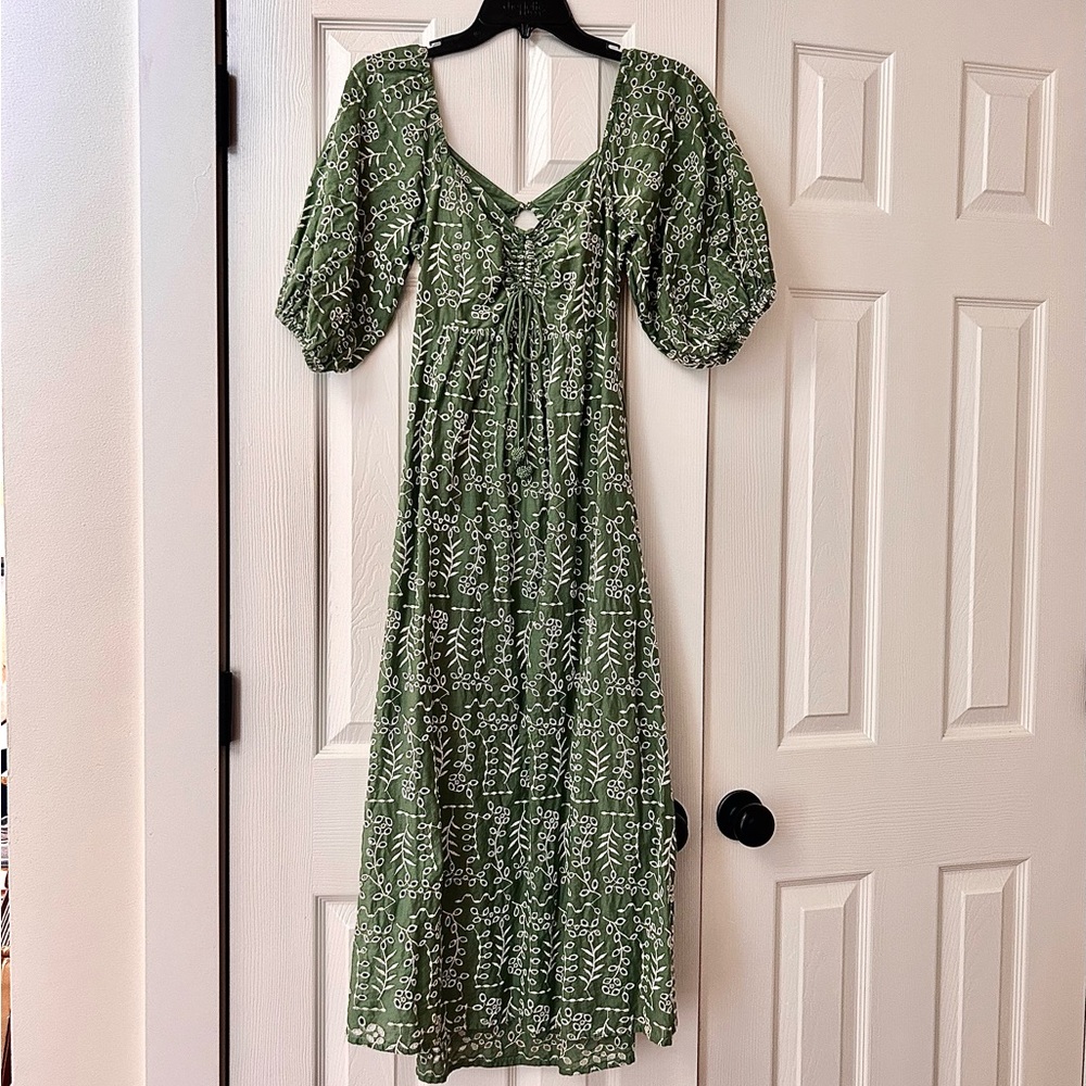 Green Floral Midi Dress with Puff Sleeves embroidered Summer Vacation White